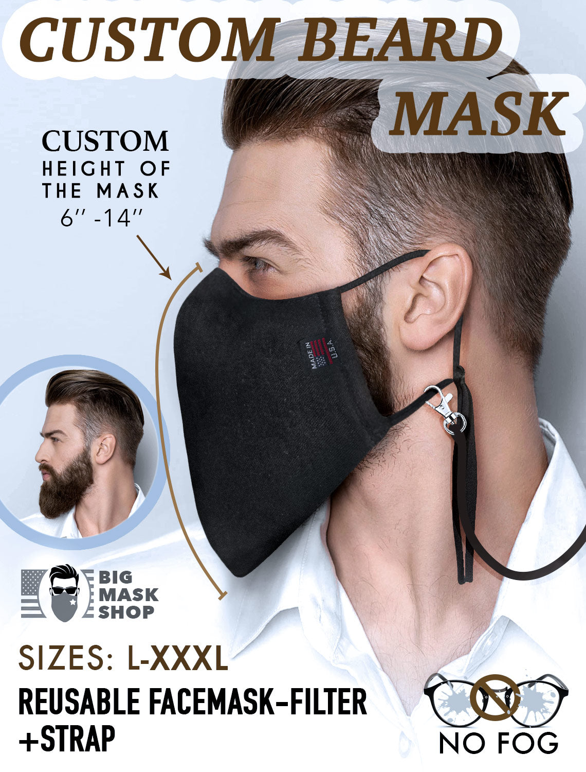 CUSTOM SIZE black Large Face Mask For Men With Beards + Lanyard
