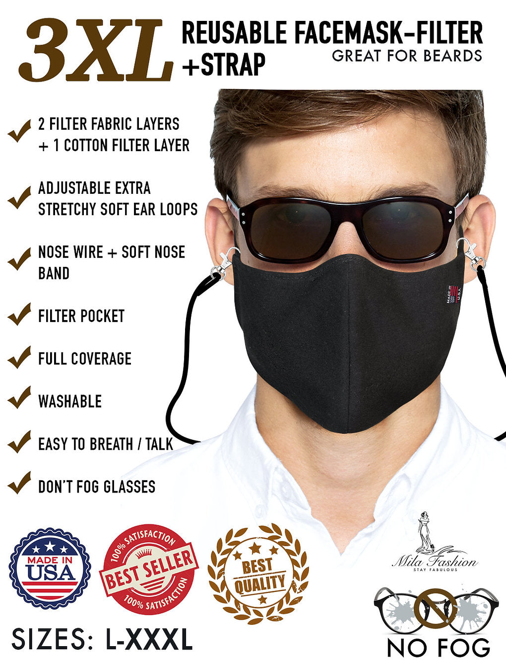 L – XXXL (2XL -3XL) EXTRA LARGE BEARD FACE MASK – FILTER + CARRYING STRAP
