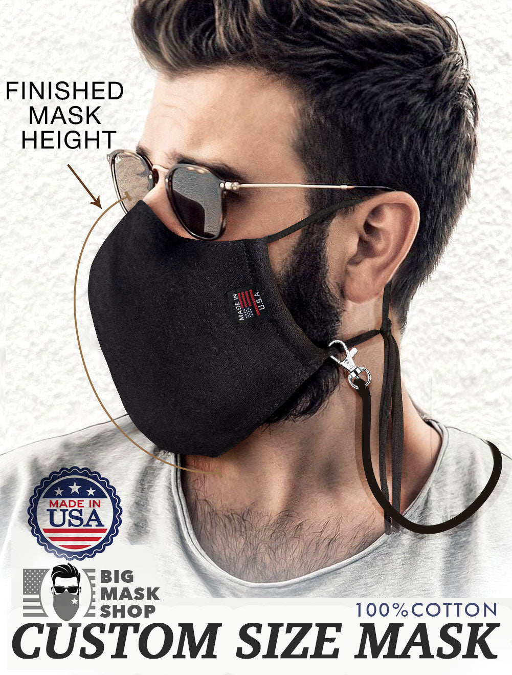 CUSTOM SIZE black Large Face Mask For Men With Beards + Lanyard
