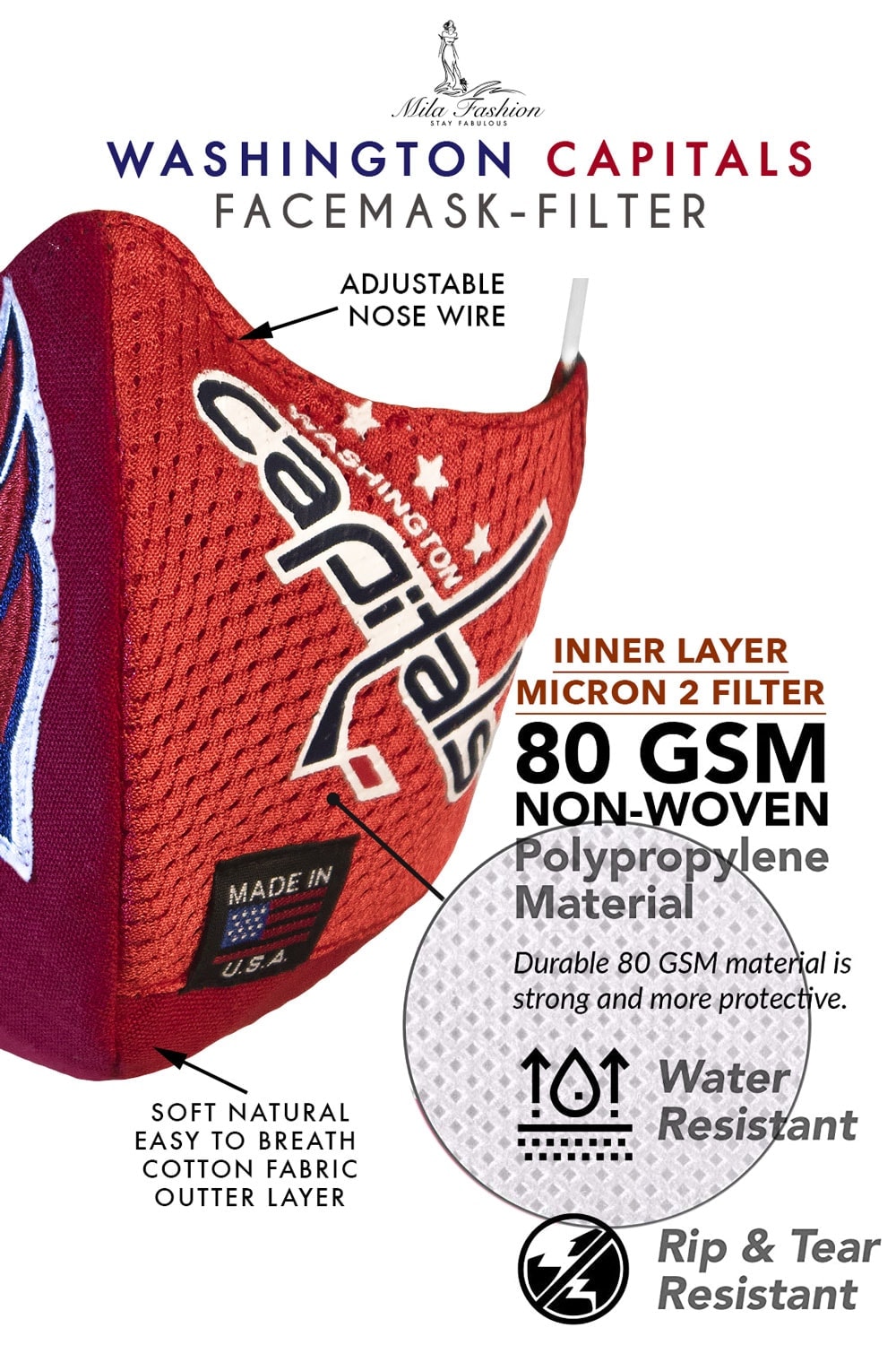 NHL WASHINGTON CAPITALS TEAM: EXTRA LARGE Facemask Filter + Lanyard
