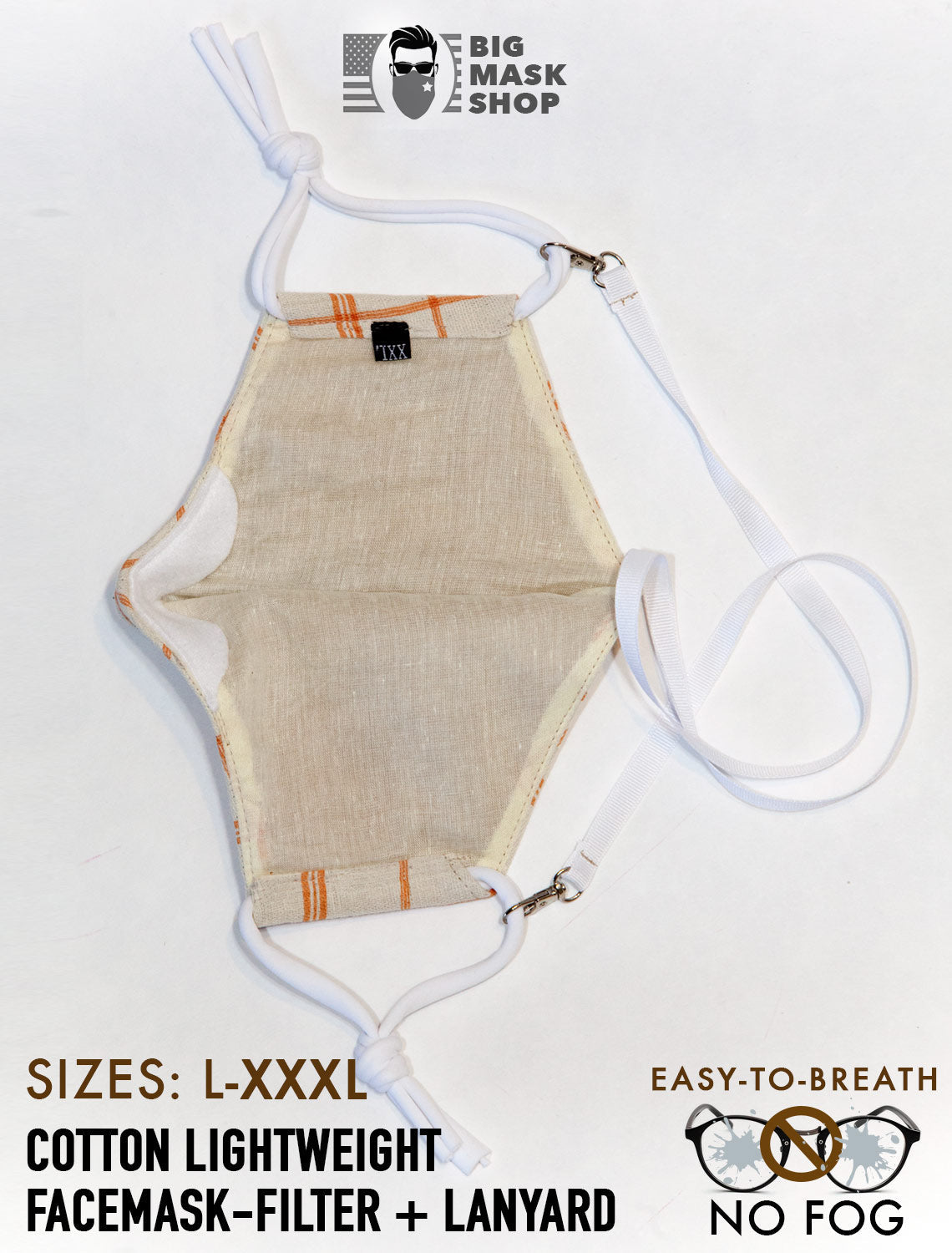 Summer Organic 100% Cotton (L -3XL) EXTRA LARGE BEARD FACE MASK FILTER + LANYARD