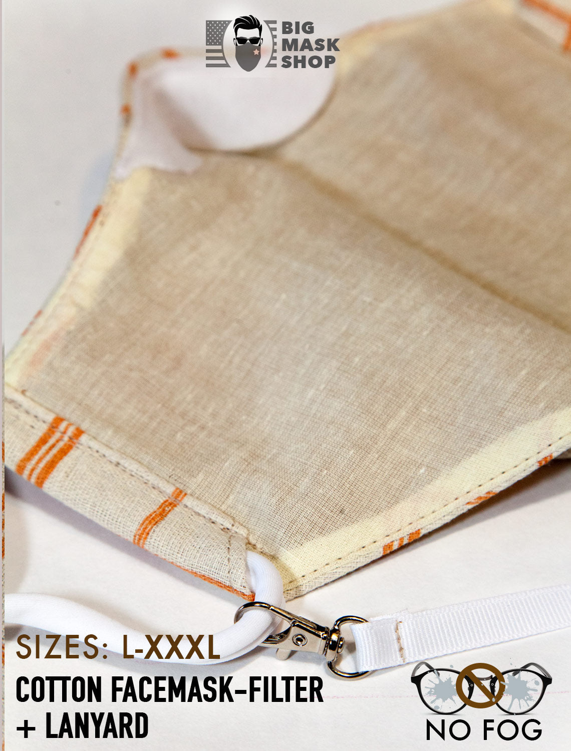 Summer Organic 100% Cotton (L -3XL) EXTRA LARGE BEARD FACE MASK FILTER + LANYARD
